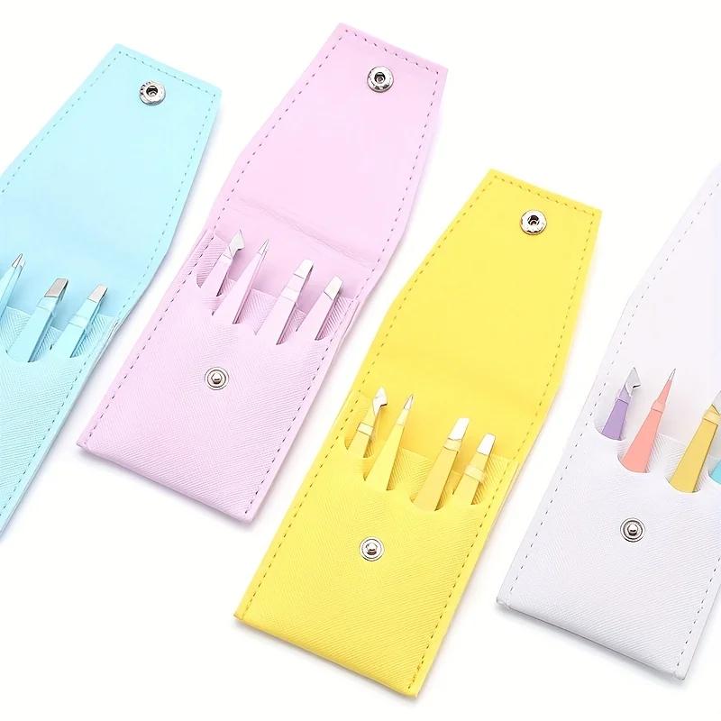 4Pcs High-Quality Eyebrow Tweezer Colorful Beauty Fine Hairs Puller Stainless Steel Slanted Brow Clips Hair Removal
